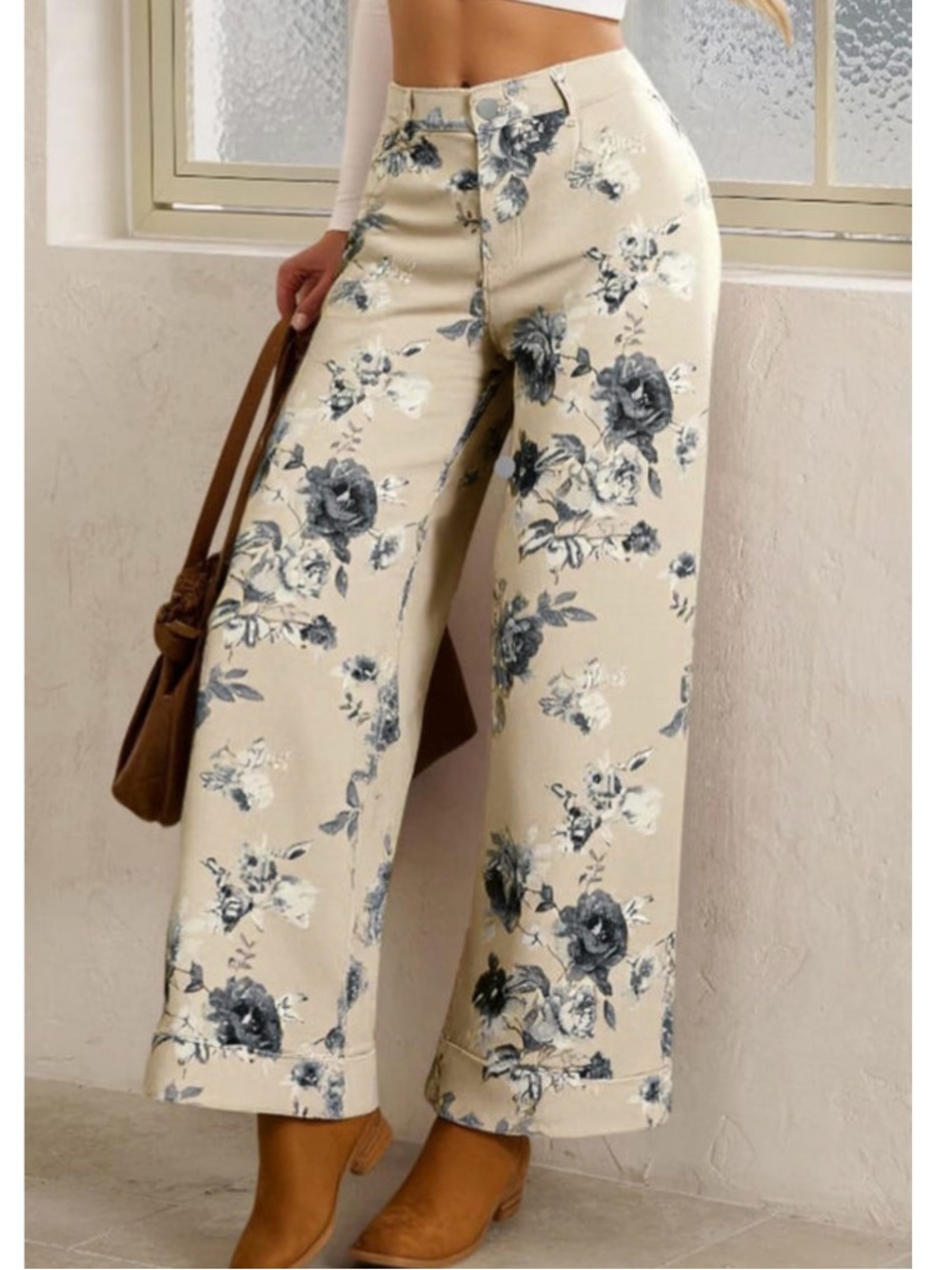 Floral Wide-Leg High-Waist Pants - Beige/Gray Black Cropped Cotton Pants